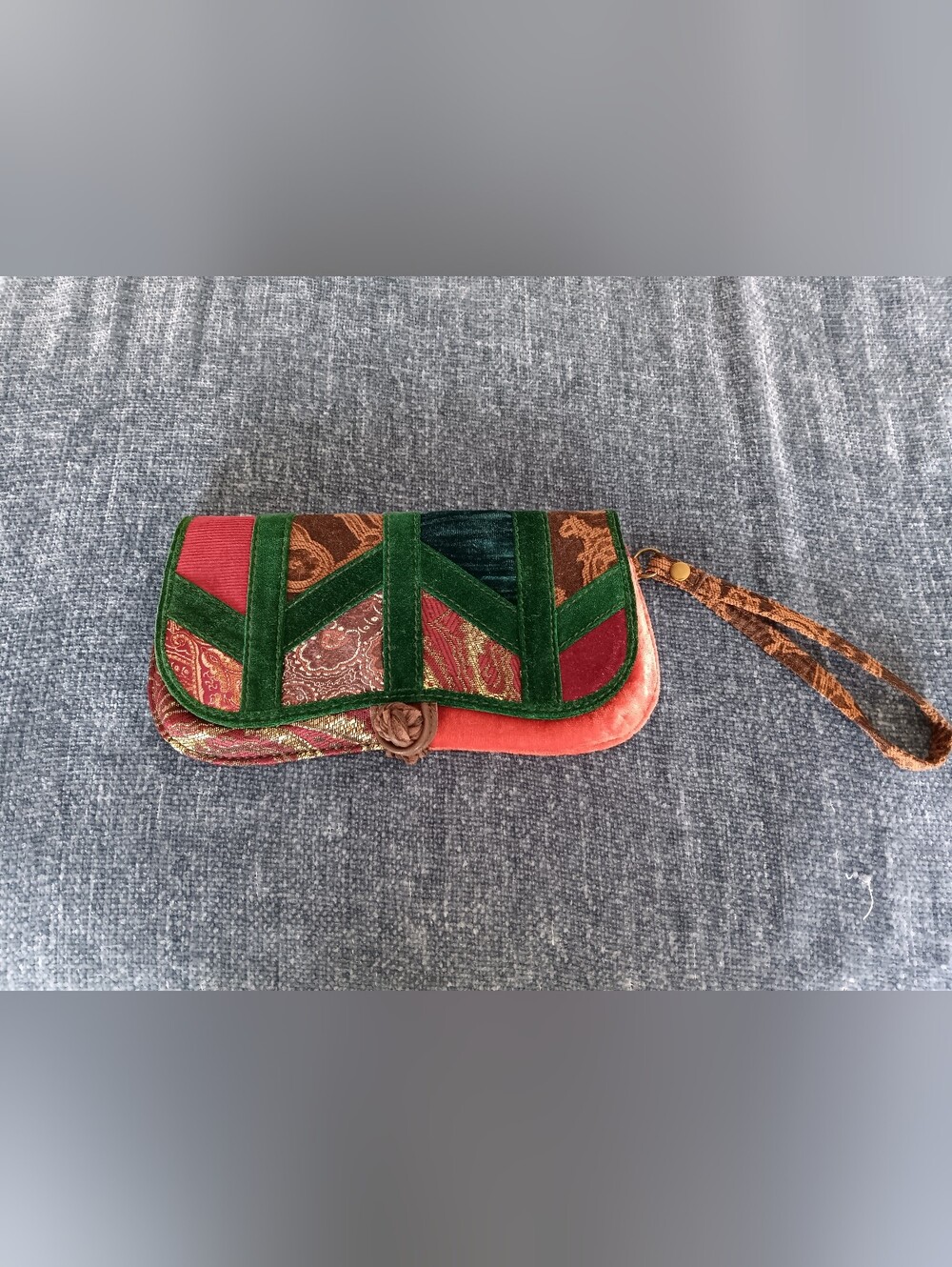 Lucky Brand Patchwork Velvet Wristlet Clutch in Green and Coral